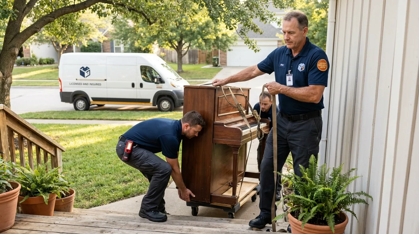 Licensed piano movers securing grand piano in Bladenboro, NC