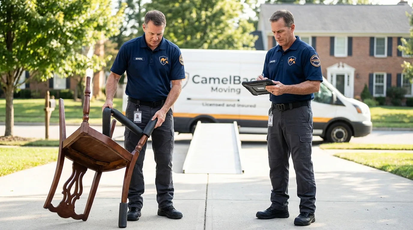 Movers inspecting furniture for damage prevention before loading in Bladenboro, NC